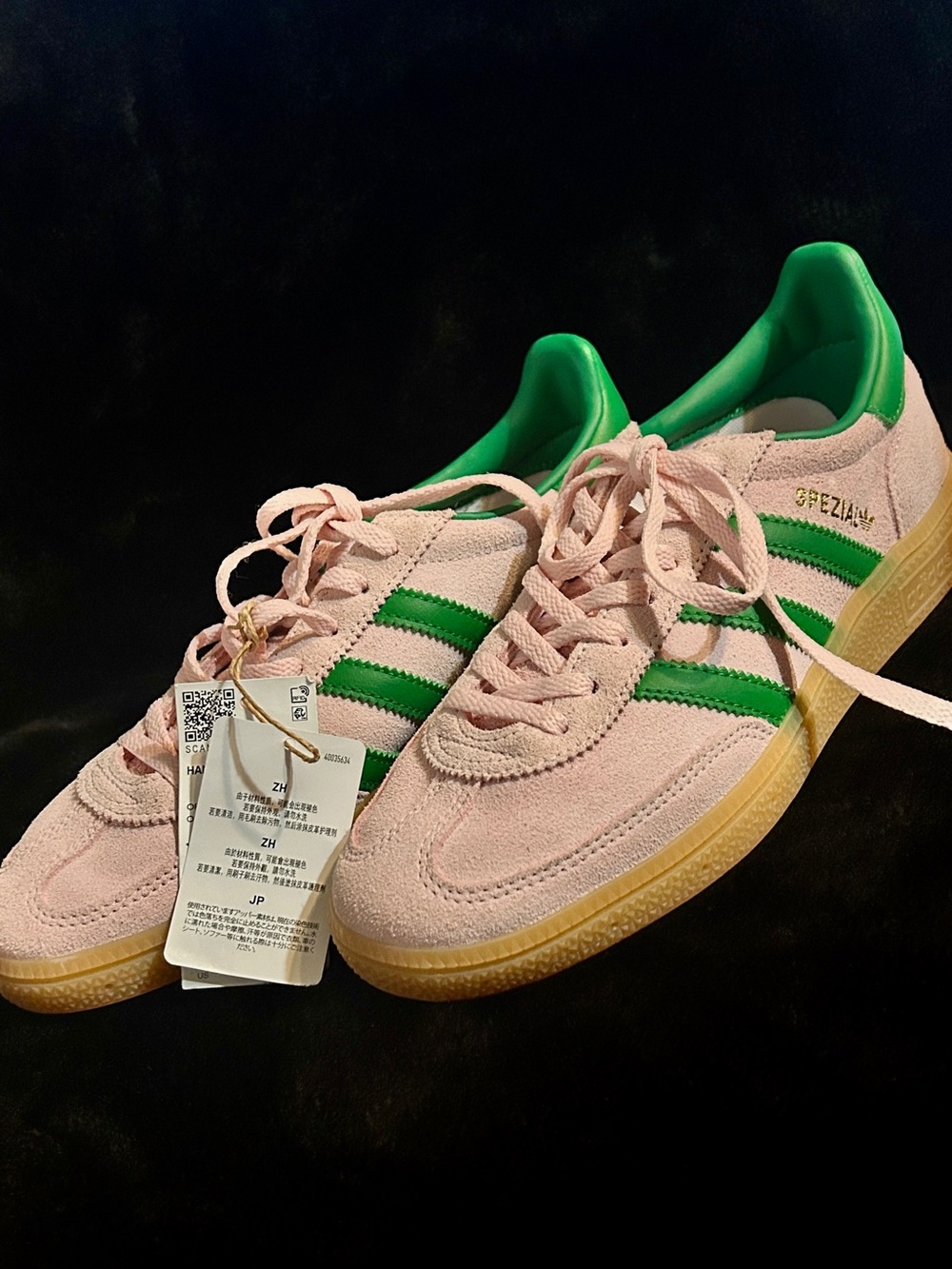 adidas Pink Suede Handball Spezial with Green Stripes